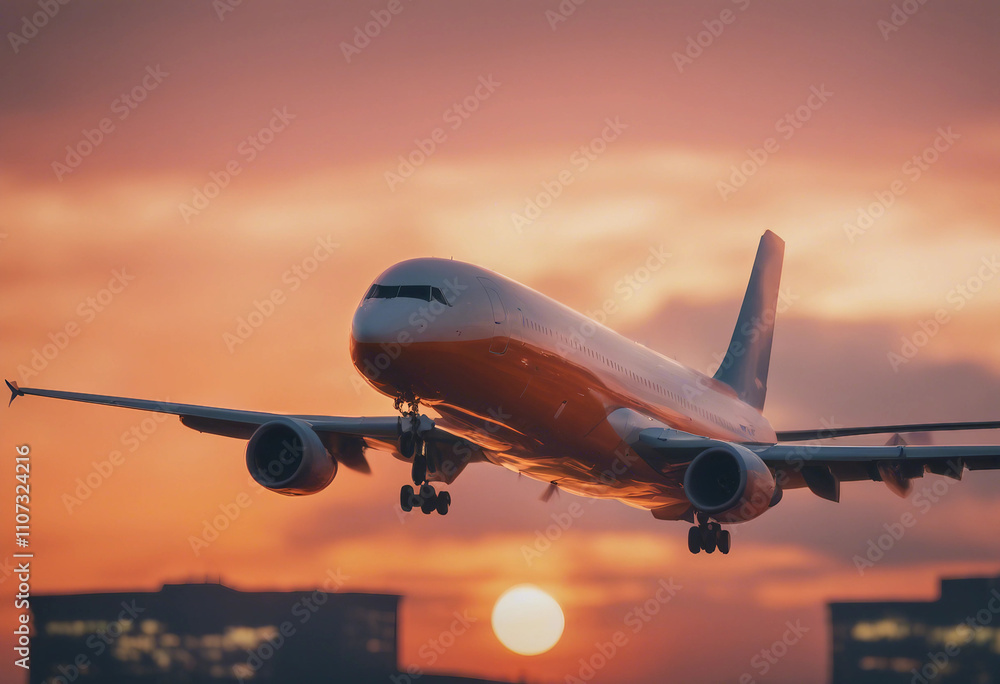 A commercial airplane takes off into the sunset with a vibrant orange sky in the background The scen A commercial airplane takes off into the sunset with a vibrant orange sky in the background The scen