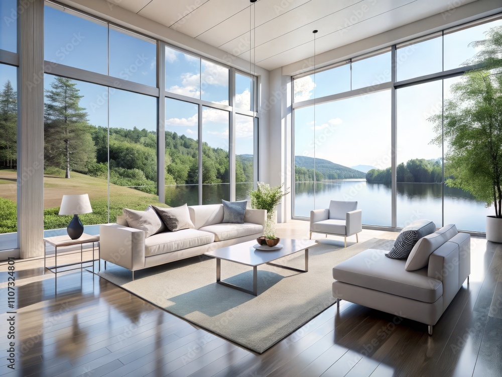Fototapeta premium Minimalist Modern White Interior with Lake View: A Serene Space Enhanced by Generative AI Technology for Contemporary Living and Design Inspiration