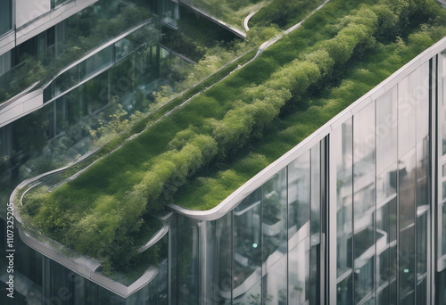 A modern skyscraper with a green roof showcasing sustainable building practices Incorporating sustai photo