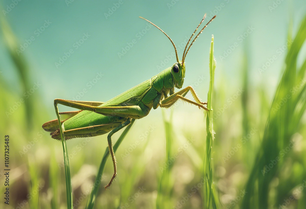 A vibrant green grasshopper perches on a blade of grass poised to leap in a sun-drenched meadow Gras A vibrant green grasshopper perches on a blade of grass poised to leap in a sun-drenched meadow Gras
