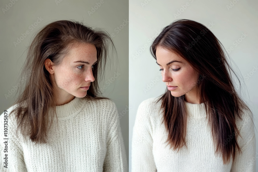 Side-by-Side Comparison of a Woman Before and After Hair Rejuvenation Treatment Highlighting Enhanced Volume and Shine Side-by-Side Comparison of a Woman Before and After Hair Rejuvenation Treatment Highlighting Enhanced Volume and Shine