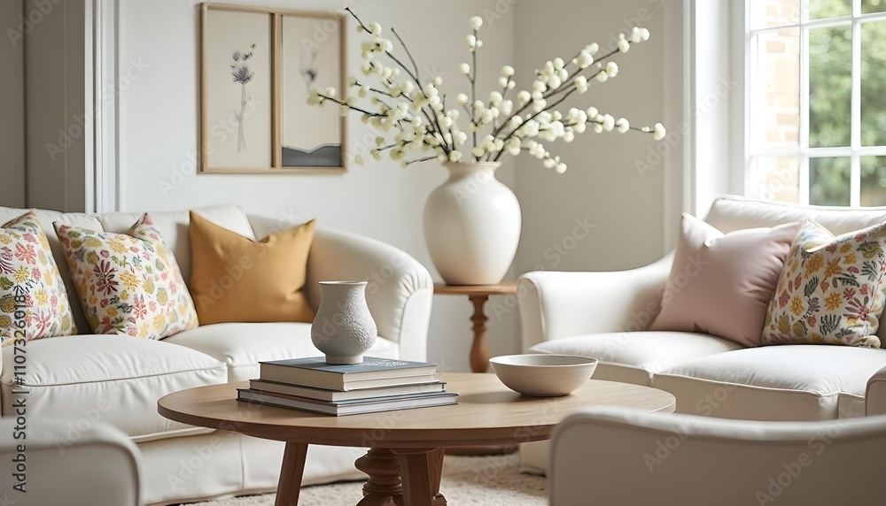 Obraz premium Modern living room interior with sofa wooden table and antique jars