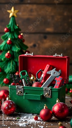 A Christmas-themed toolbox with tools, surrounded by holiday ornaments, a wooden background, copy space