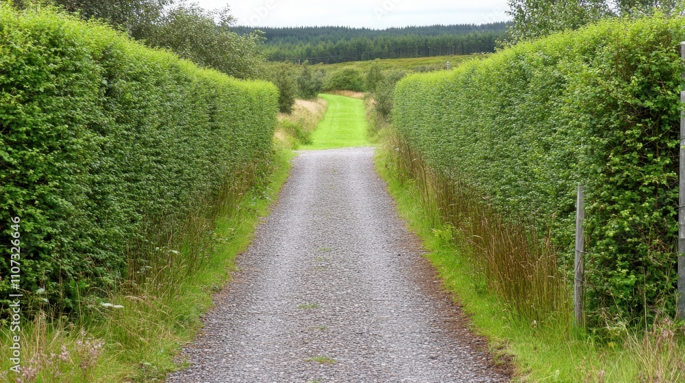 Country lane bordered by lush hedgerows leading into a woodland landscape. Country lane bordered by lush hedgerows leading into a woodland landscape.