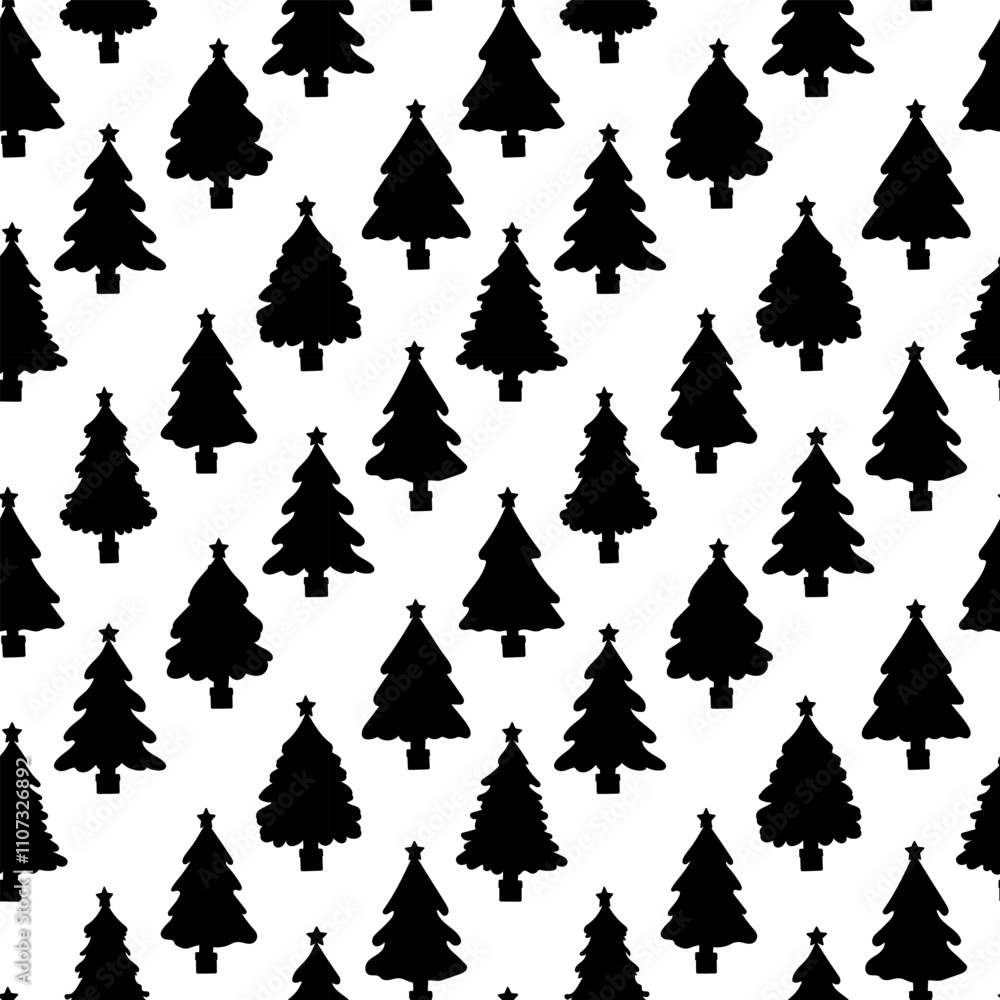Obraz premium Seamless pattern of Christmas tree silhouette on white background. Black and white vector collection of pine silhouette icons, icons, sketches for packaging and fabric design.
