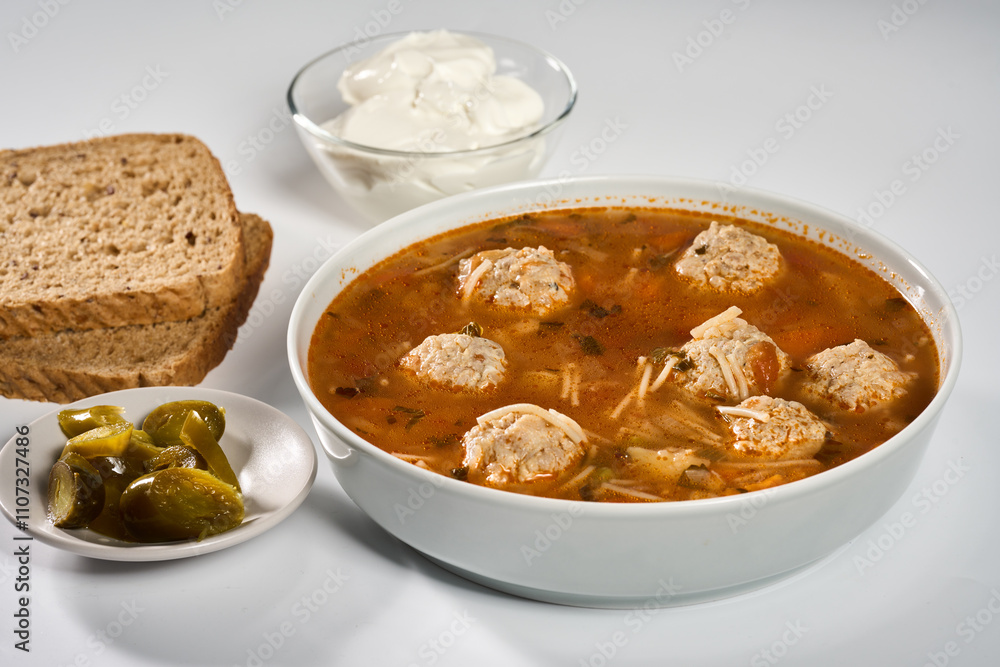 Meatball soup with bread, cream and jalapeno Meatball soup with bread, cream and jalapeno