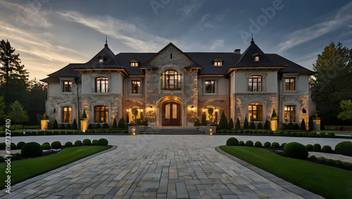 A large stone mansion with a driveway and a stone walkway