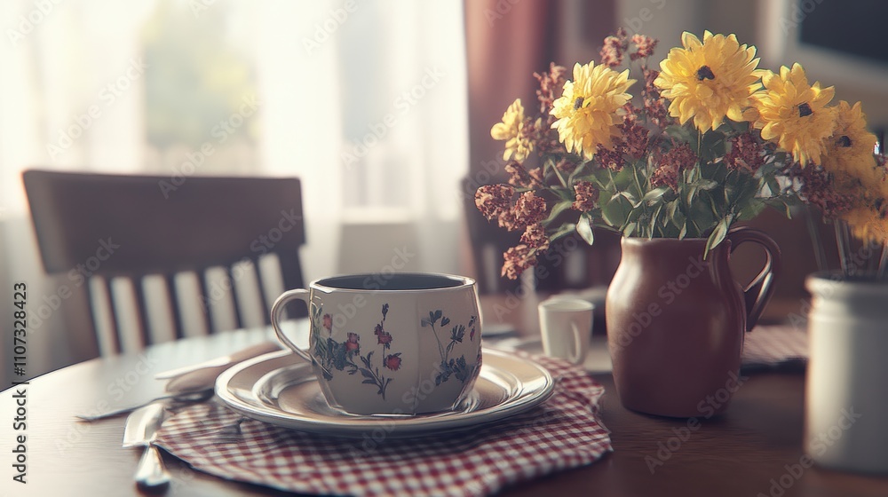 Obraz premium Cozy morning breakfast scene with flowers and teacup on a wooden table.