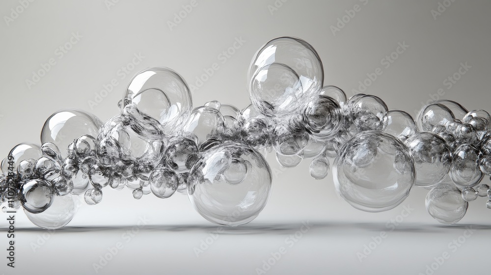 Abstract 3D render of floating liquid transparent bubbles that collide with each other over grey background Abstract 3D render of floating liquid transparent bubbles that collide with each other over grey background