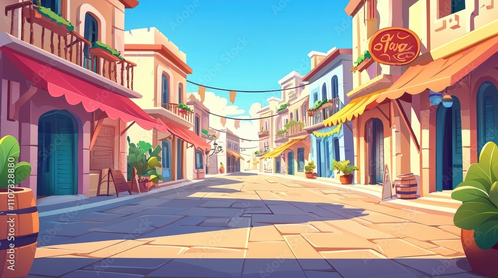 Fototapeta premium A Sunny Day on a Cobblestone Street Lined with Shops in a European Village