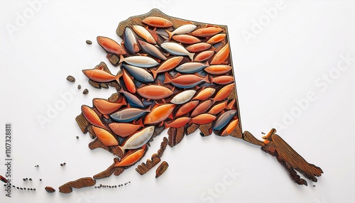 Alaska state shape full of salmon fish, symbol photo