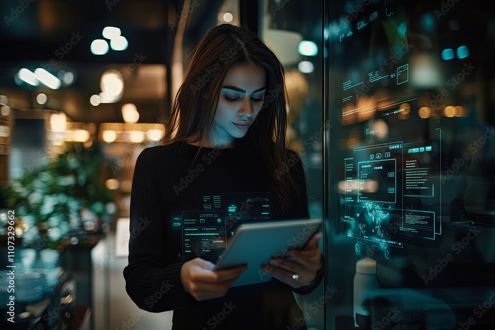 Young woman using tablet with digital projections in modern cafe during evening hours. Generative AI Young woman using tablet with digital projections in modern cafe during evening hours. Generative AI