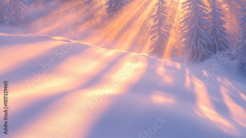 Winter sunrise over snow-covered pine trees, casting long shadows and warm light across the pristine snowy landscape. photo