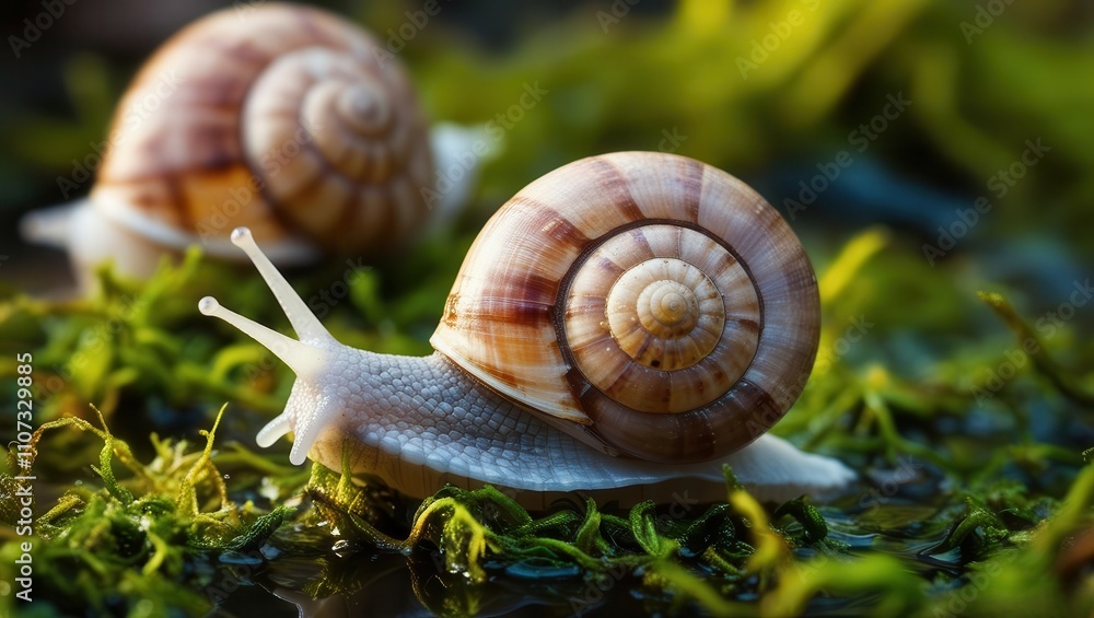 Close-up of snails on green moss in a natural setting. Close-up of snails on green moss in a natural setting.