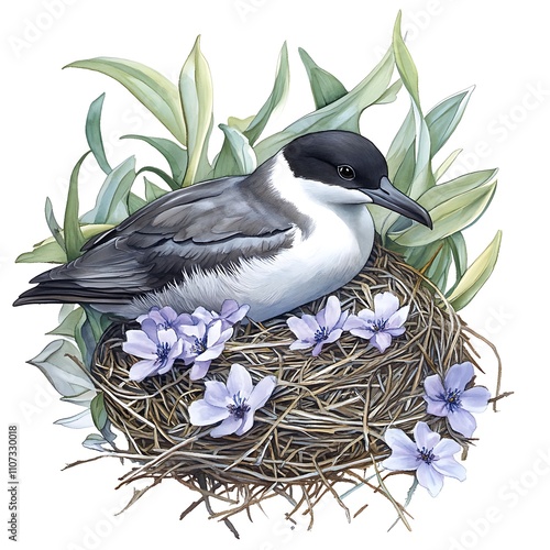 A Wilson's Storm-Petrel nestled in its nest amongst delicate purple flowers and verdant foliage. photo