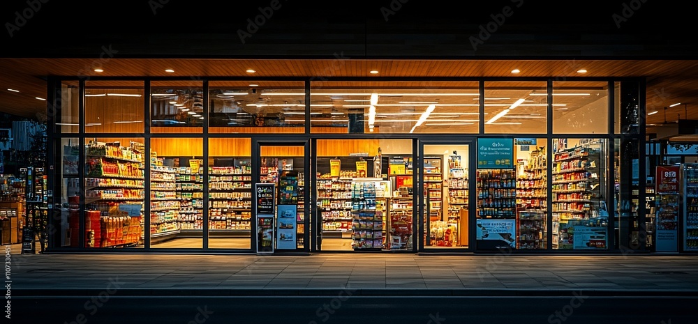A well-lit storefront displaying various products in organized shelves. A well-lit storefront displaying various products in organized shelves.