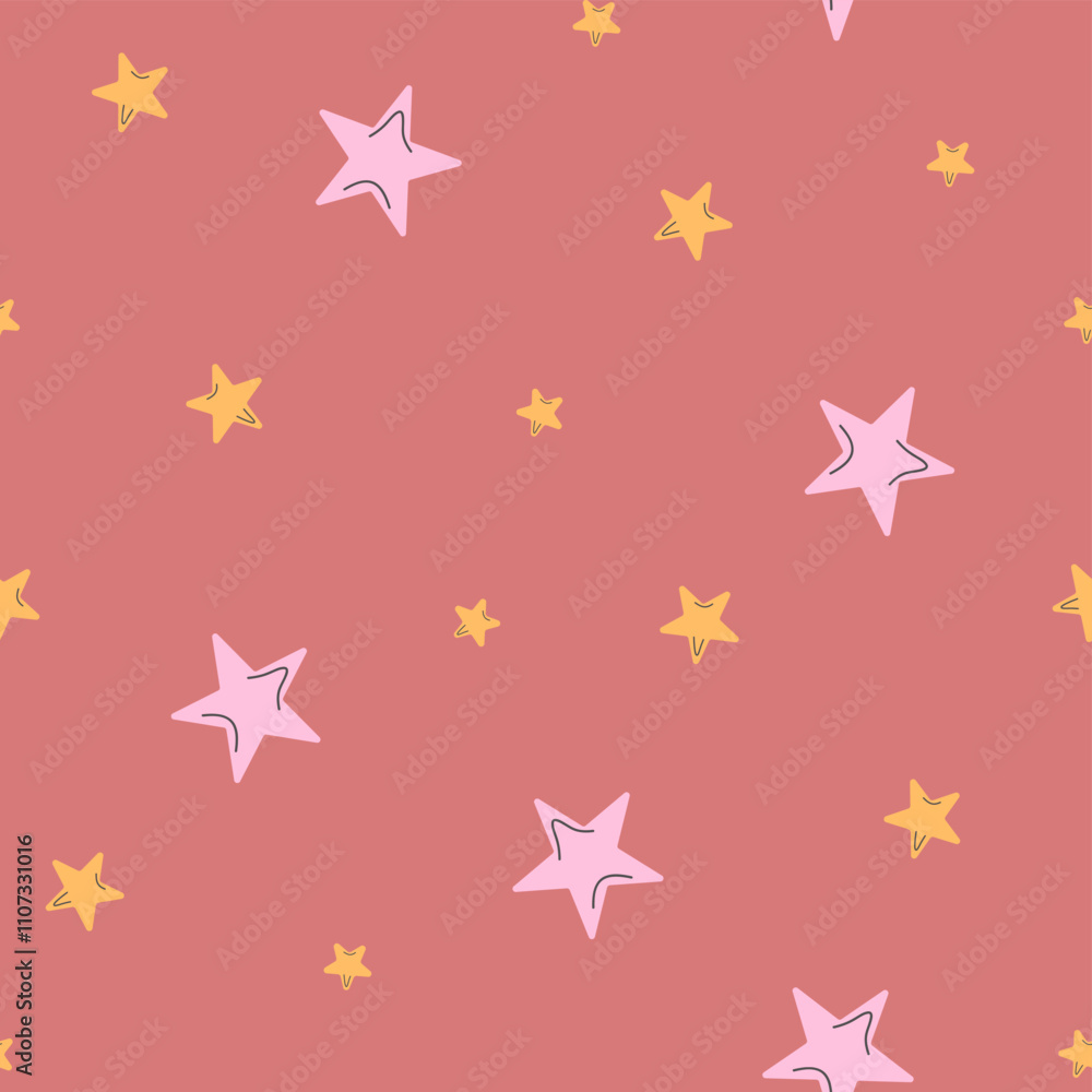 Cute seamless pattern with pink and yellow stars on a coral color background. Vector background with various-sized stars in pastel pink shades Cute seamless pattern with pink and yellow stars on a coral color background. Vector background with various-sized stars in pastel pink shades