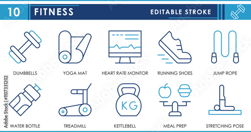 A set of line icons related to Fitness. Dumbbells, yoga mats, heart rate, running shoe, jump, balanced diet, and so on. Vector editable stroke.