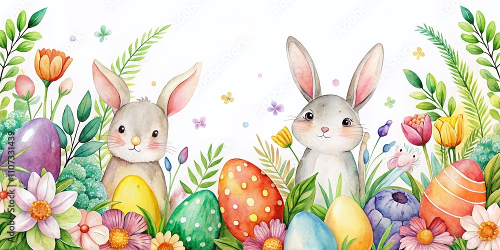 Whimsical Watercolor Rabbits with Spring Flowers, Carrots, and Easter Eggs for Holiday Cards, Invitations, and Banners - Hand Drawn Illustrations for a Festive Touch Whimsical Watercolor Rabbits with Spring Flowers, Carrots, and Easter Eggs for Holiday Cards, Invitations, and Banners - Hand Drawn Illustrations for a Festive Touch