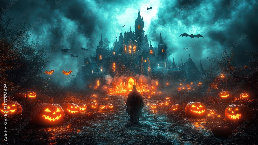 Dark castle with glowing pumpkins and hooded figure. Dark castle with glowing pumpkins and hooded figure.