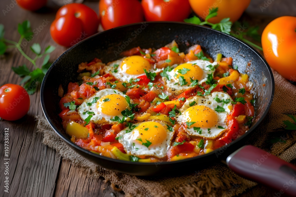 A vibrant Basque piperade of sautéed peppers, onions, and tomatoes mixed with eggs, topped with parsley and sliced ham for a rustic, hearty dish A vibrant Basque piperade of sautéed peppers, onions, and tomatoes mixed with eggs, topped with parsley and sliced ham for a rustic, hearty dish