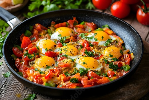 A vibrant Basque piperade of sautéed peppers, onions, and tomatoes mixed with eggs, topped with parsley and sliced ham for a rustic, hearty dish photo