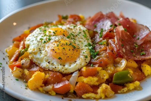 A vibrant Basque piperade of sautéed peppers, onions, and tomatoes mixed with eggs, topped with parsley and sliced ham for a rustic, hearty dish photo