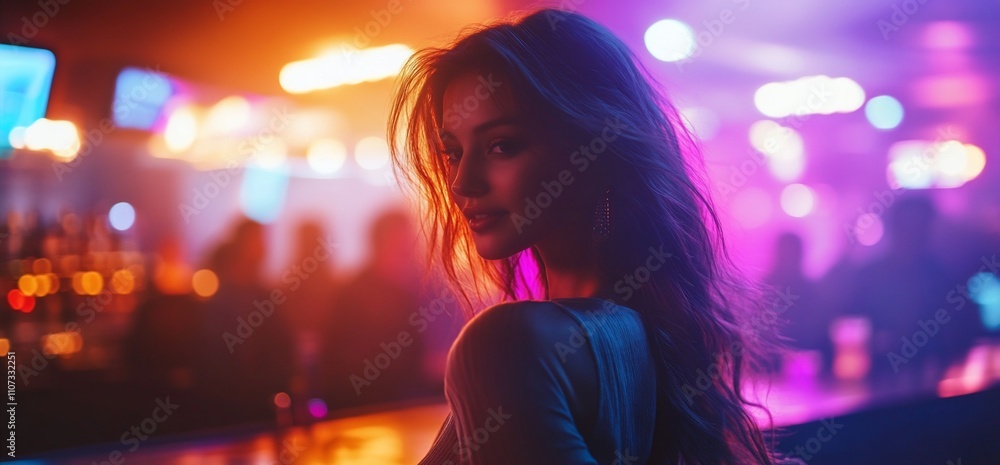 A woman in a vibrant nightlife setting with colorful lighting. A woman in a vibrant nightlife setting with colorful lighting.