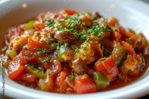 A vibrant Basque piperade of sautéed peppers, onions, and tomatoes mixed with eggs, topped with parsley and sliced ham for a rustic, hearty dish photo