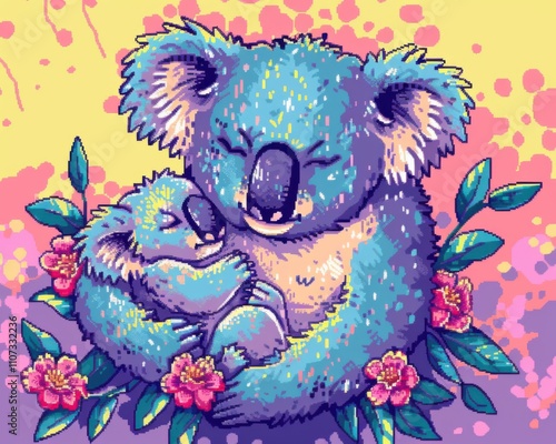 Mother Koala and Baby: Tender embrace in vibrant colors  photo