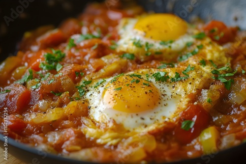 A vibrant Basque piperade of sautéed peppers, onions, and tomatoes mixed with eggs, topped with parsley and sliced ham for a rustic, hearty dish