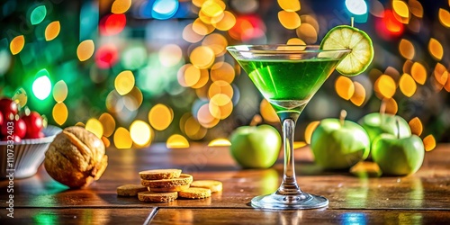 Refreshing Apple Martini Cocktail: A Tilt-Shift Photography Perspective Capturing the Essence of Party Vibes with Apples, Alcohol, and Vibrant Colors photo