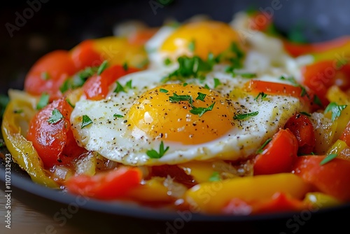 A vibrant Basque piperade of sautéed peppers, onions, and tomatoes mixed with eggs, topped with parsley and sliced ham for a rustic, hearty dish photo