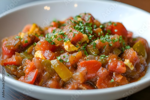 A vibrant Basque piperade of sautéed peppers, onions, and tomatoes mixed with eggs, topped with parsley and sliced ham for a rustic, hearty dish photo