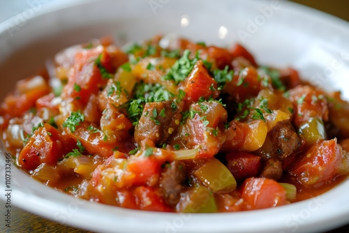 A vibrant Basque piperade of sautéed peppers, onions, and tomatoes mixed with eggs, topped with parsley and sliced ham for a rustic, hearty dish photo