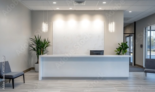 Modern Office Reception Area with White Desk and Plants