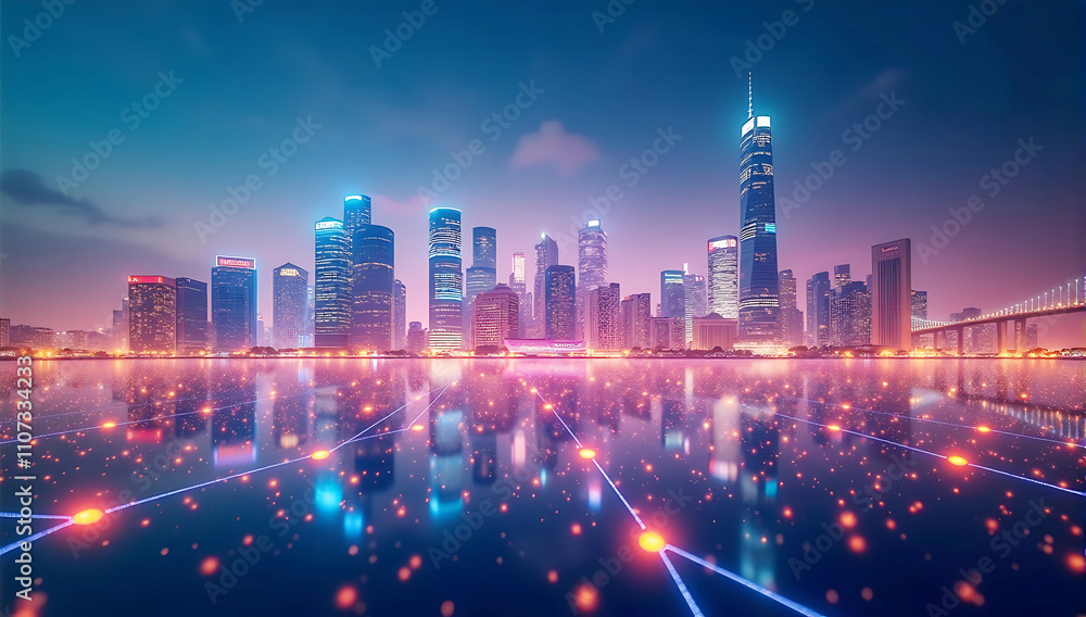 Fototapeta premium A vibrant city skyline with glowing network lines representing global business connections and economic activity
