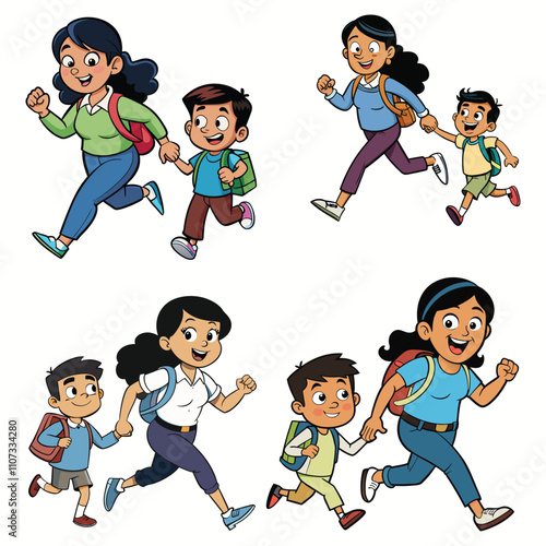 hispanic mother rushing son to school vector art