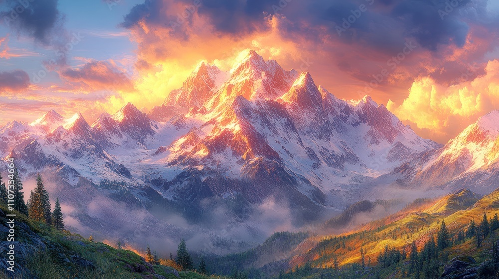 Obraz premium Majestic snow-capped mountains ablaze in a vibrant sunset.