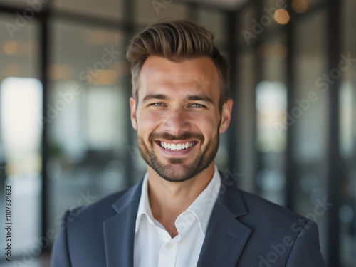 Portrait of smiling businessman wearing suit in office setting