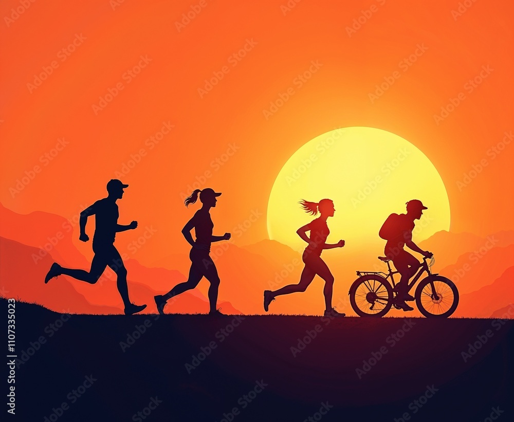 Runners and cyclist silhouetted against sunset promoting active lifestyle Runners and cyclist silhouetted against sunset promoting active lifestyle