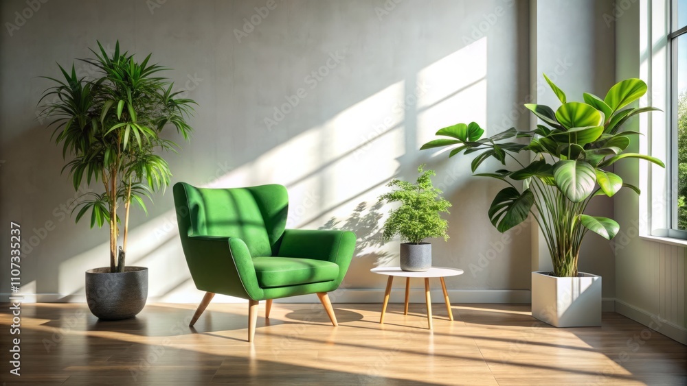 Fototapeta premium Serene Interior with a Green Chair and Sunlit Wall Enhancing Calming Atmosphere in a Cozy Space with a Potted Plant for Inviting Home Decor Inspiration