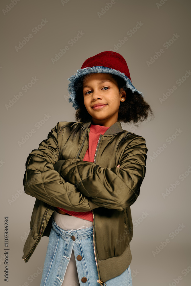 Fototapeta premium Young girl radiates happiness while dressed in festive attire for Christmas celebrations.