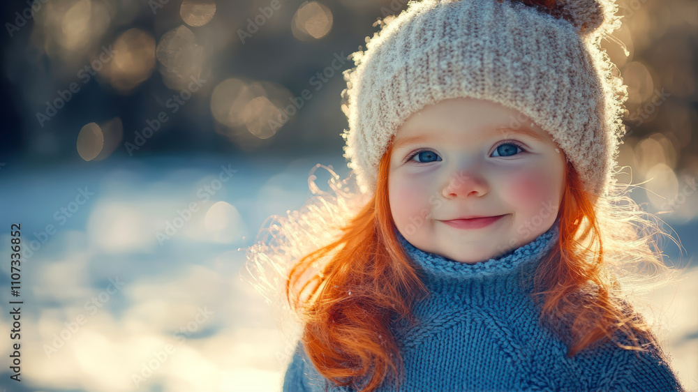 Smiling Baby Girl With Orange Hair Wearing a Cozy Hat in a Winter Landscape Smiling Baby Girl With Orange Hair Wearing a Cozy Hat in a Winter Landscape