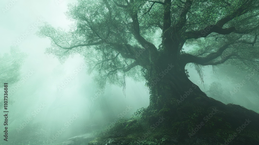 Fototapeta premium A large tree is located in the middle of a green forest. A view of natural beauty background wallpaper AI generated image