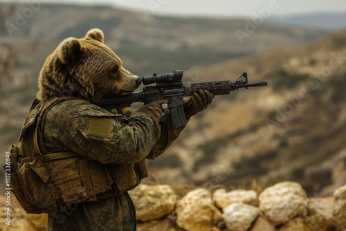 A bear soldier stands ready for action, holding an assault rifle. This unique image blends nature with military power in a creative and thought-provoking way. photo