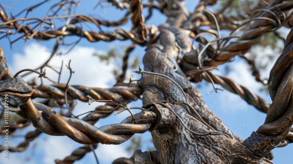 A metal tree adorned with twisted wires and bolts stands as a symbol of growth and resilience despite the disruption of the construction. A metal tree adorned with twisted wires and bolts stands as a symbol of growth and resilience despite the disruption of the construction.