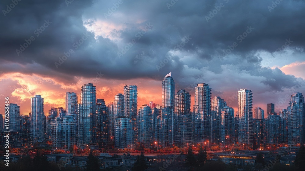 Obraz premium City skyline under an overcast sky Thick clouds reflect the faint orange light of the setting sun background wallpaper AI generated image