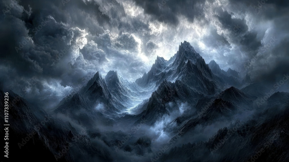 Fototapeta premium Silhouette of a majestic mountain peak against a dramatic cloudy sky background wallpaper AI generated image