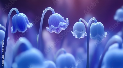 Delicate, light-blue bell flowers with water droplets. photo